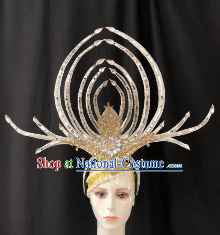 Handmade Brazil Carnival Headdress Samba Dance Deluxe Hair Accessories Easter Parade Headpiece Halloween Cosplay Giant Argent Royal Crown