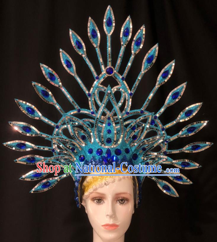 Handmade Rio Carnival Blue Royal Crown Cosplay Queen Deluxe Hair Accessories Halloween Stage Show Hat Brazil Parade Giant Headdress