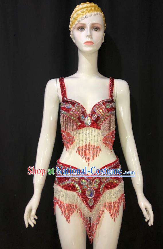 Custom Woman Catwalks Swimwear Samba Dance Red Uniforms Brazilian Carnival Parade Costumes Opening Performance Clothing