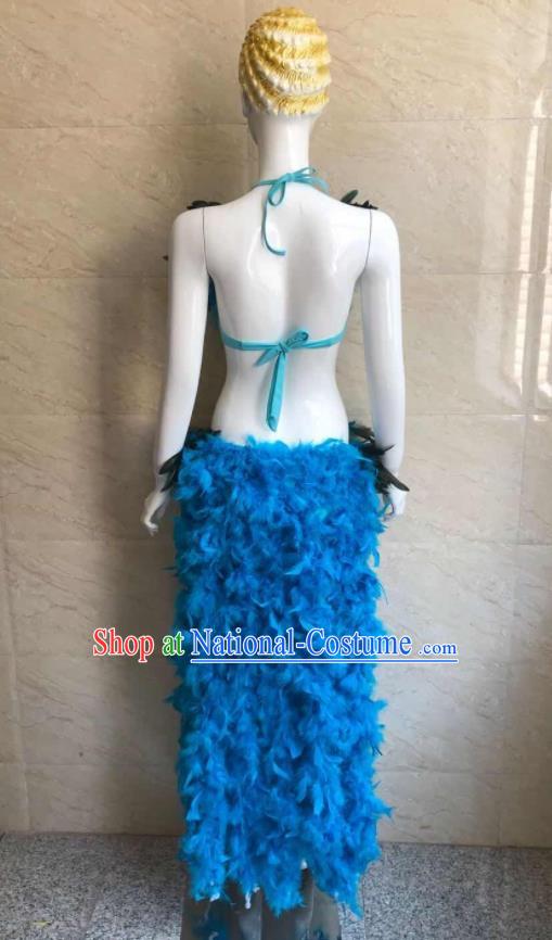 Custom Stage Show Clothing Woman Catwalks Blue Feather Swimsuit Samba Dance Swimwear Brazilian Carnival Uniforms