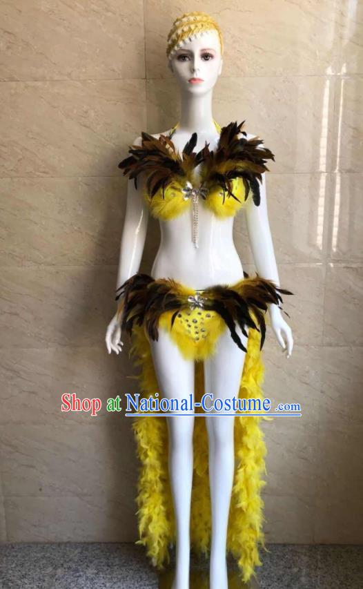 Custom Brazilian Carnival Uniforms Stage Show Clothing Woman Catwalks Yellow Feather Swimsuit Samba Dance Swimwear