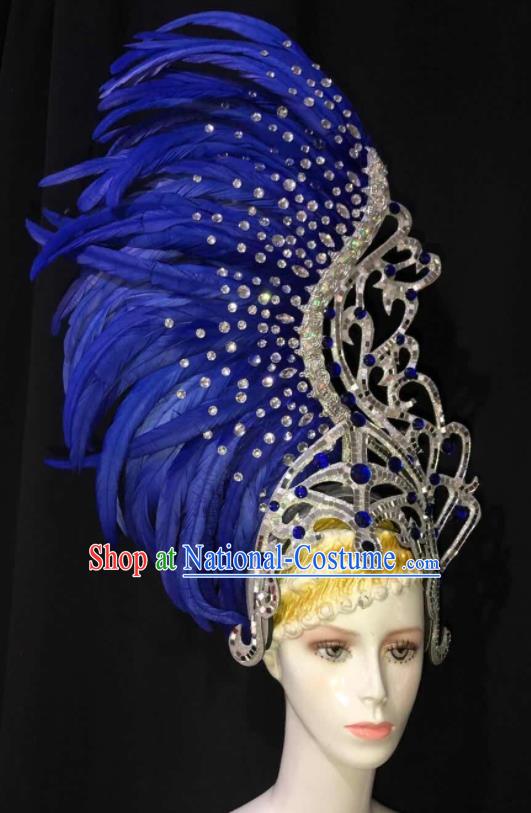 Handmade Rio Carnival Royalblue Feather Headwear Stage Show Royal Crown Halloween Cosplay Giant Headpiece Samba Dance Hair Accessories