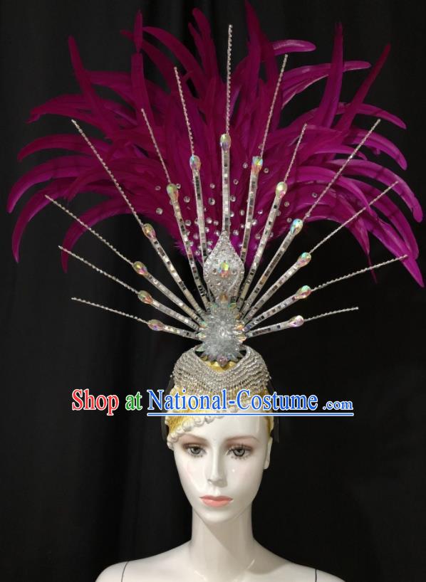 Handmade Samba Dance Hair Accessories Rio Carnival Purple Feather Headwear Stage Show Royal Crown Halloween Cosplay Giant Headpiece