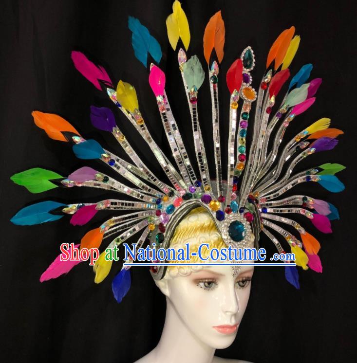 Handmade Rio Carnival Colorful Feather Headdress Stage Show Royal Crown Halloween Cosplay Headpiece Samba Dance Hair Accessories