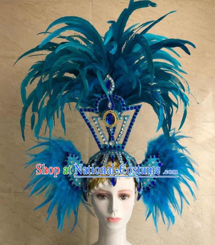 Handmade Halloween Cosplay Hair Accessories Samba Dance Headpiece Rio Carnival Blue Feather Headdress Stage Show Royal Crown