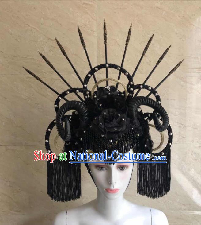 Handmade Rio Carnival Headdress Black Tassel Royal Crown Halloween Cosplay Hair Accessories Opening Dance Headpiece