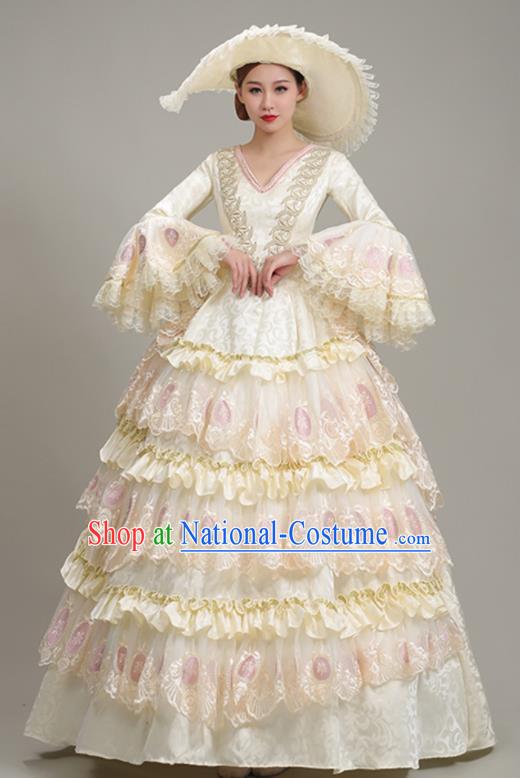 Custom Western Court Beige Lace Full Dress Europe Vintage Garment Costume Noble Woman Fashion European Stage Performance Clothing