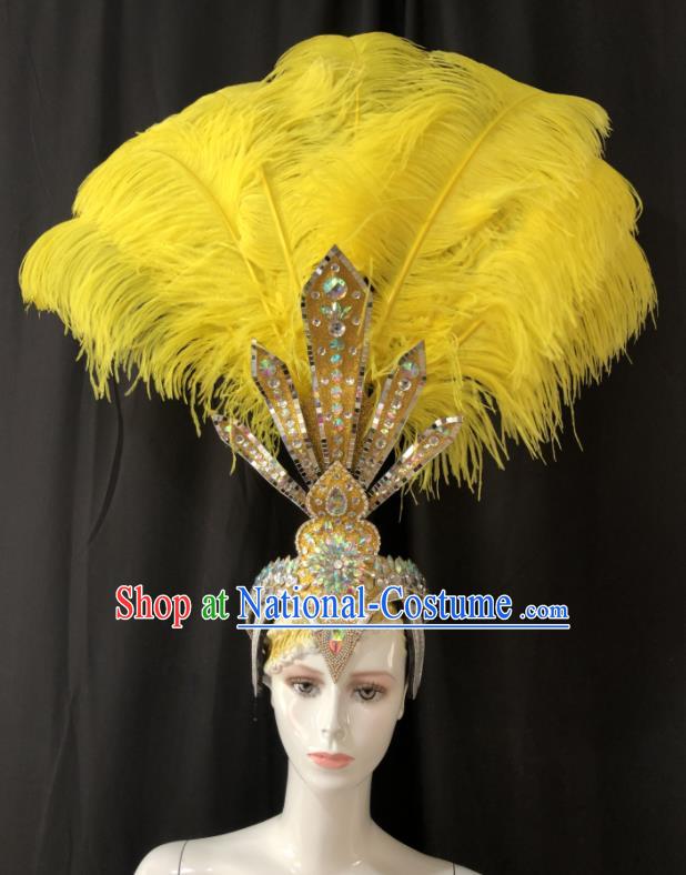 Handmade Stage Show Royal Crown Halloween Cosplay Headpiece Samba Dance Hair Accessories Rio Carnival Yellow Feather Headdress