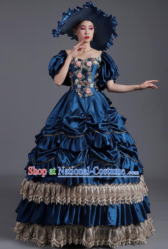 Custom Europe Vintage Garment Costume Drama Performance Fashion European Royal Princess Clothing Western Stage Deep Blue Full Dress