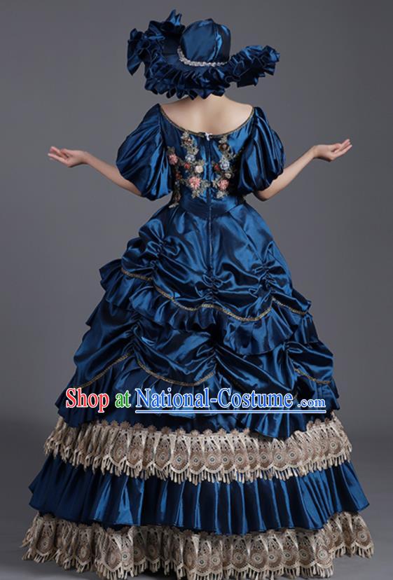 Custom Europe Vintage Garment Costume Drama Performance Fashion European Royal Princess Clothing Western Stage Deep Blue Full Dress