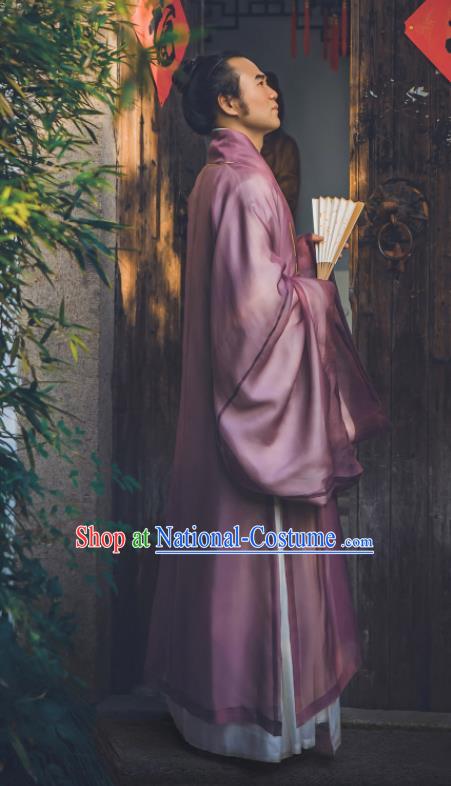 China Traditional Hanfu Cloak Garment Ancient Ming Dynasty Young Male Historical Clothing Purple Silk Mantle