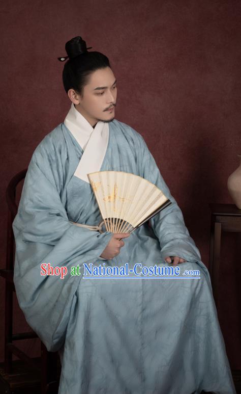 China Ancient Taoist Blue Hanfu Robe Traditional Ming Dynasty Male Scholar Historical Clothing