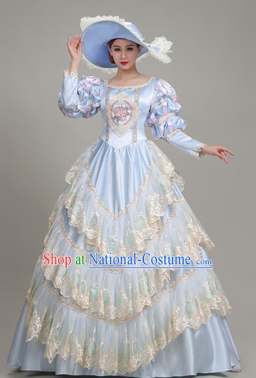 Custom European Royal Princess Clothing Western Stage Blue Full Dress Europe Vintage Garment Costume Drama Performance Fashion