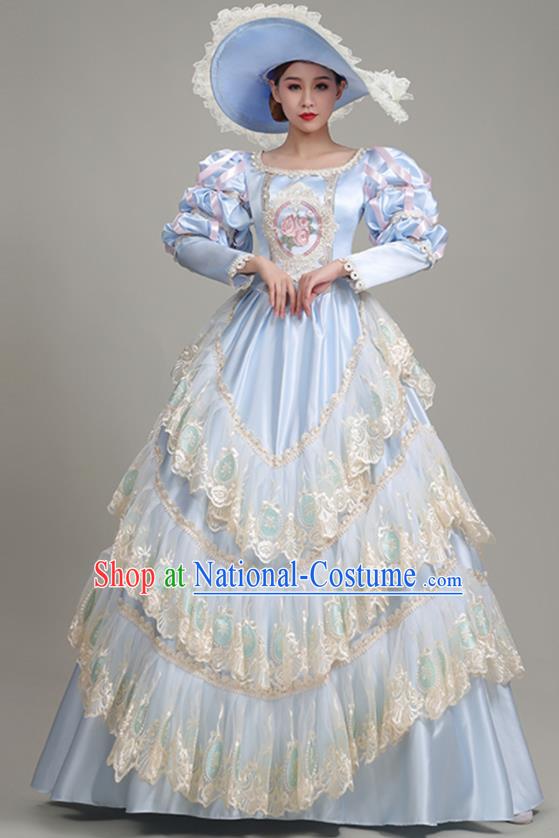 Custom European Royal Princess Clothing Western Stage Blue Full Dress Europe Vintage Garment Costume Drama Performance Fashion