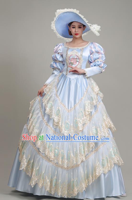 Custom European Royal Princess Clothing Western Stage Blue Full Dress Europe Vintage Garment Costume Drama Performance Fashion