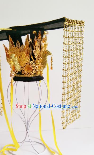 China Ancient Queen Golden Phoenix Hair Crown Traditional Drama Court Hair Accessories Tang Dynasty Empress Wu Zetian Tassel Hat Headdress