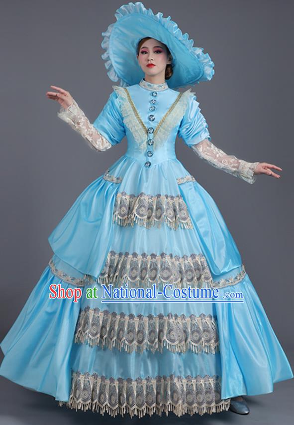 Custom Drama Performance Fashion European Royal Princess Clothing Western Stage Blue Full Dress Europe Vintage Garment Costume