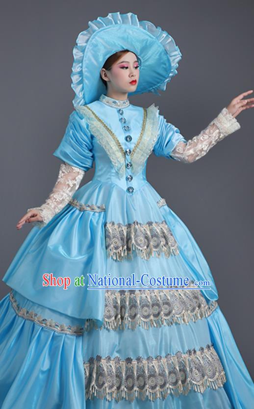 Custom Drama Performance Fashion European Royal Princess Clothing Western Stage Blue Full Dress Europe Vintage Garment Costume