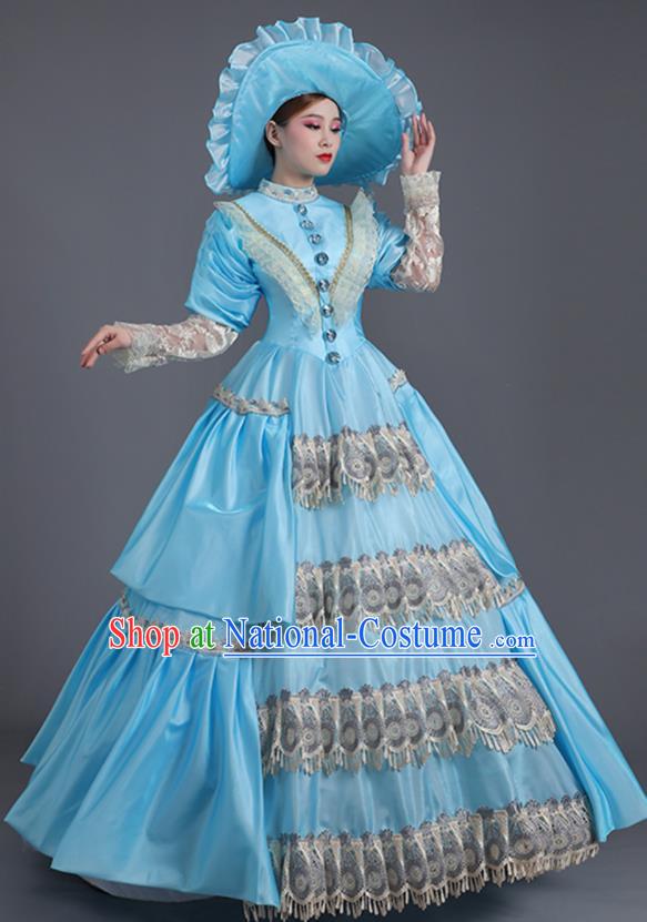 Custom Drama Performance Fashion European Royal Princess Clothing Western Stage Blue Full Dress Europe Vintage Garment Costume