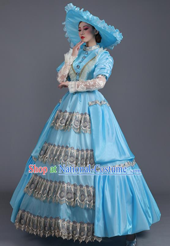 Custom Drama Performance Fashion European Royal Princess Clothing Western Stage Blue Full Dress Europe Vintage Garment Costume