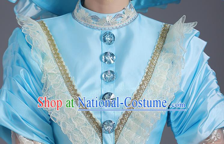 Custom Drama Performance Fashion European Royal Princess Clothing Western Stage Blue Full Dress Europe Vintage Garment Costume