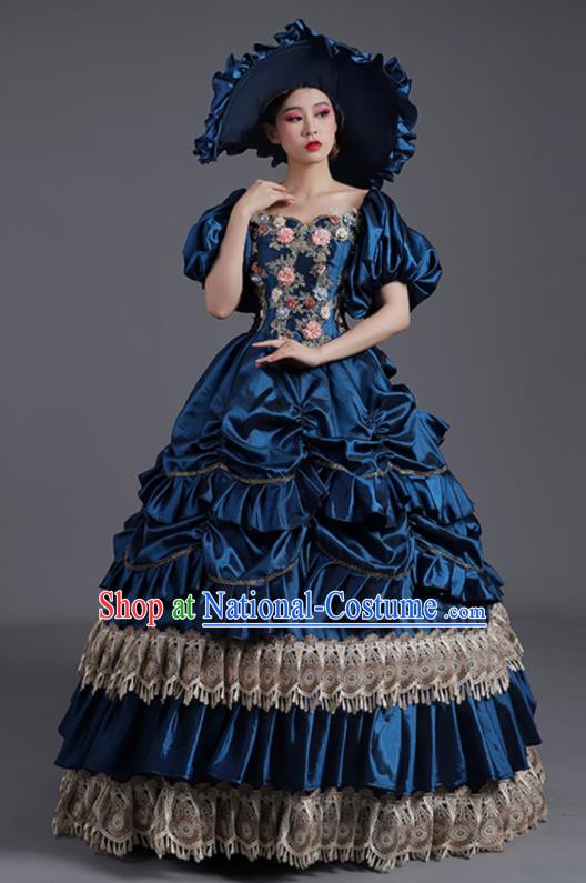 Custom Europe Vintage Garment Costume Drama Performance Fashion European Royal Princess Clothing Western Stage Deep Blue Full Dress