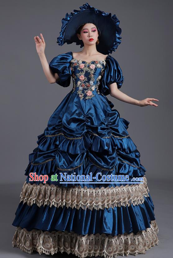 Custom Europe Vintage Garment Costume Drama Performance Fashion European Royal Princess Clothing Western Stage Deep Blue Full Dress