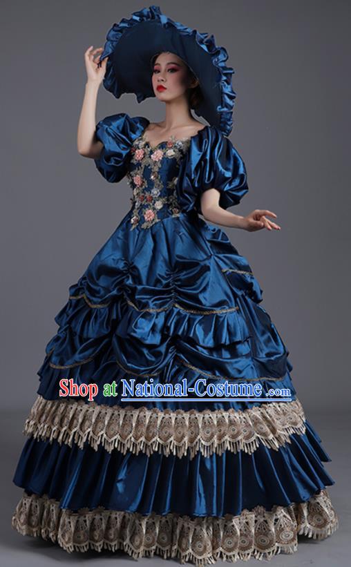 Custom Europe Vintage Garment Costume Drama Performance Fashion European Royal Princess Clothing Western Stage Deep Blue Full Dress