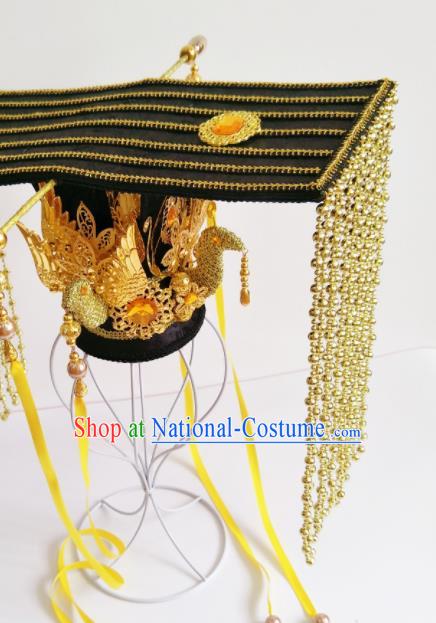 China Ancient Queen Golden Phoenix Hair Crown Traditional Drama Court Hair Accessories Tang Dynasty Empress Wu Zetian Tassel Hat Headdress