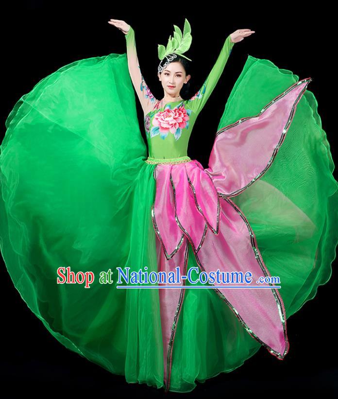 Professional China Woman Modern Dance Fashion Lotus Dance Garment Clothing Spring Festival Gala Opening Dance Green Dress