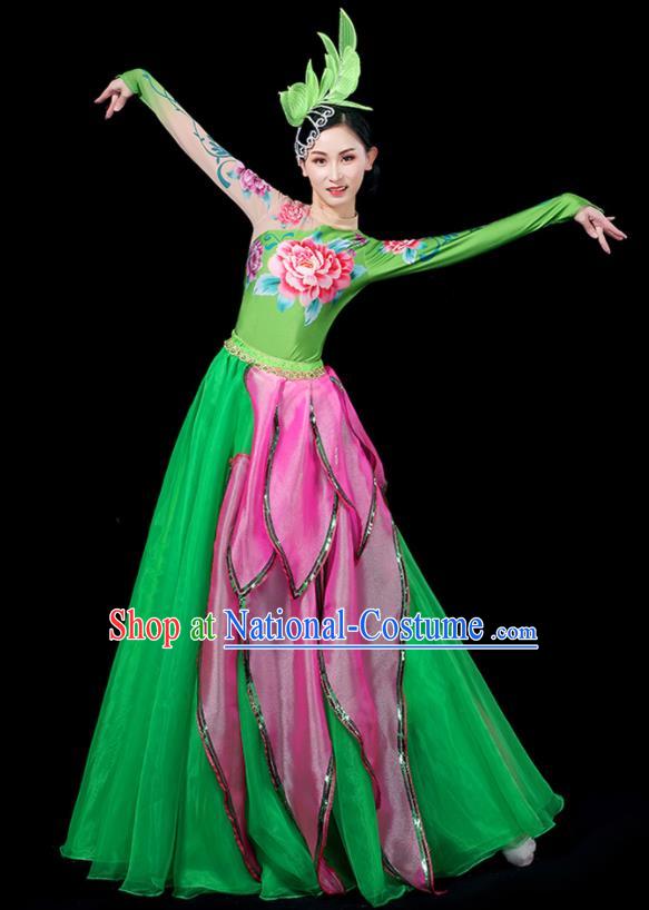 Professional China Woman Modern Dance Fashion Lotus Dance Garment Clothing Spring Festival Gala Opening Dance Green Dress