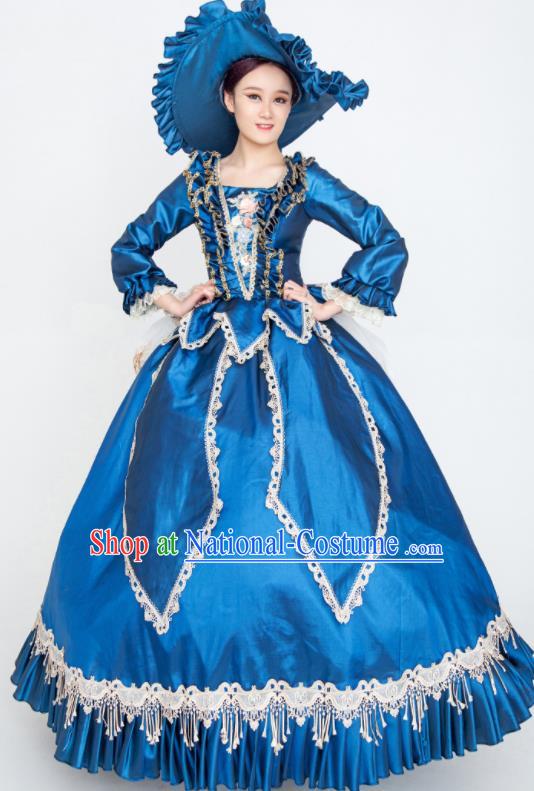 Custom Europe Medieval Age Clothing Vintage Full Dress Western Court Fashion European Noble Woman Blue Satin Dress