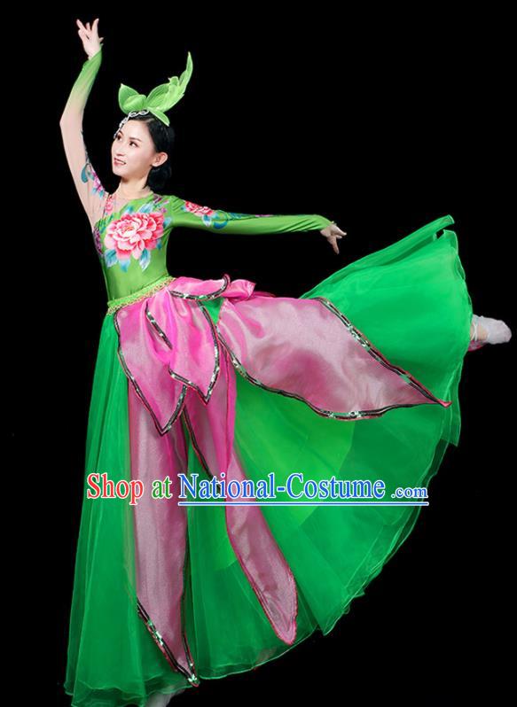 Professional China Woman Modern Dance Fashion Lotus Dance Garment Clothing Spring Festival Gala Opening Dance Green Dress