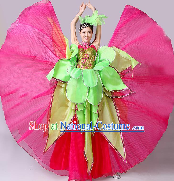 Professional China Spring Festival Gala Lotus Dance Rosy Dress Woman Group Dance Fashion Modern Opening Dance Clothing