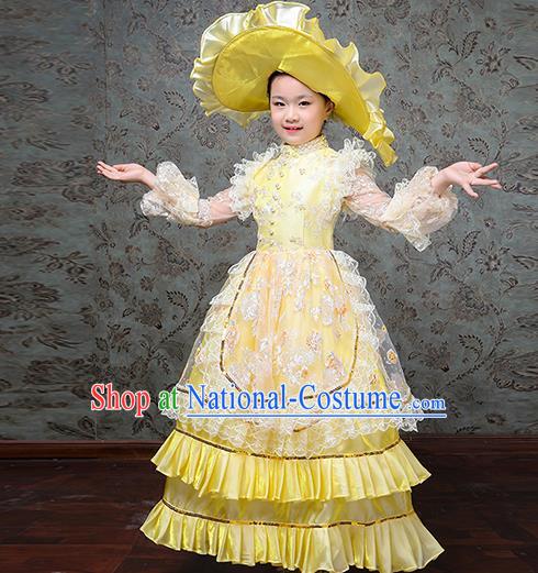 Custom Children Day Performance Yellow Dress Europe Palace Clothing Girl Princess Full Dress Kid Birthday Fashion