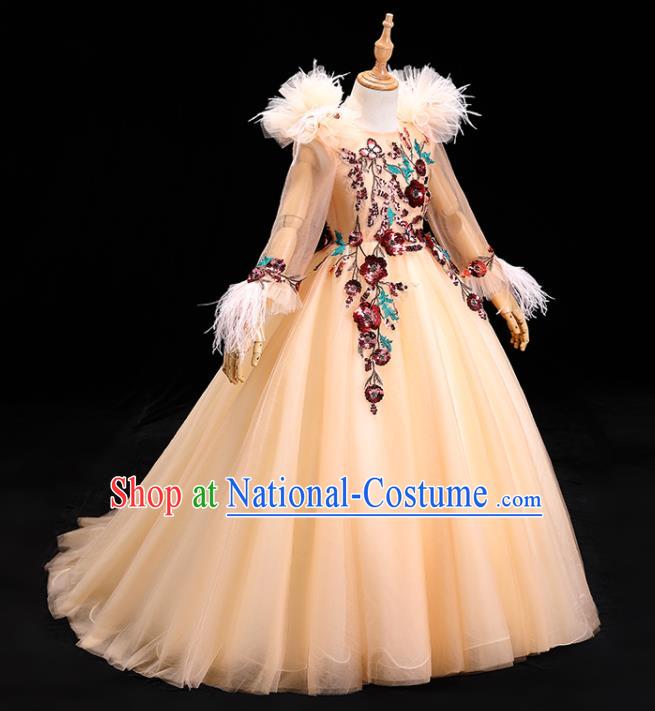 Top Girl Catwalks Show Embroidered Clothing Christmas Princess Formal Garment Children Stage Performance Champagne Veil Evening Dress