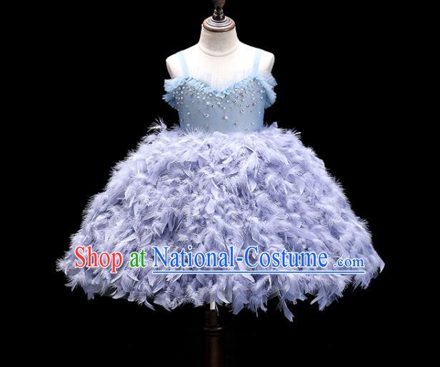 Top Girl Catwalks Show Bubble Evening Dress Christmas Princess Garment Children Stage Performance Blue Feather Formal Clothing