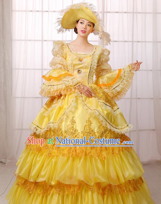 Custom Western Woman Catwalks Dress Europe Countess Clothing European Medieval Yellow Full Dress Drama Performance Fashion