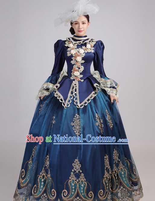 Custom Drama Performance Fashion Western Woman Catwalks Dress Europe Countess Clothing European Medieval Navy Full Dress