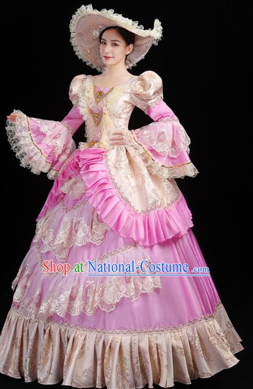 Custom Western Woman Catwalks Dress Europe Noble Lady Clothing European Medieval Rosy Full Dress Opera Performance Vintage Fashion