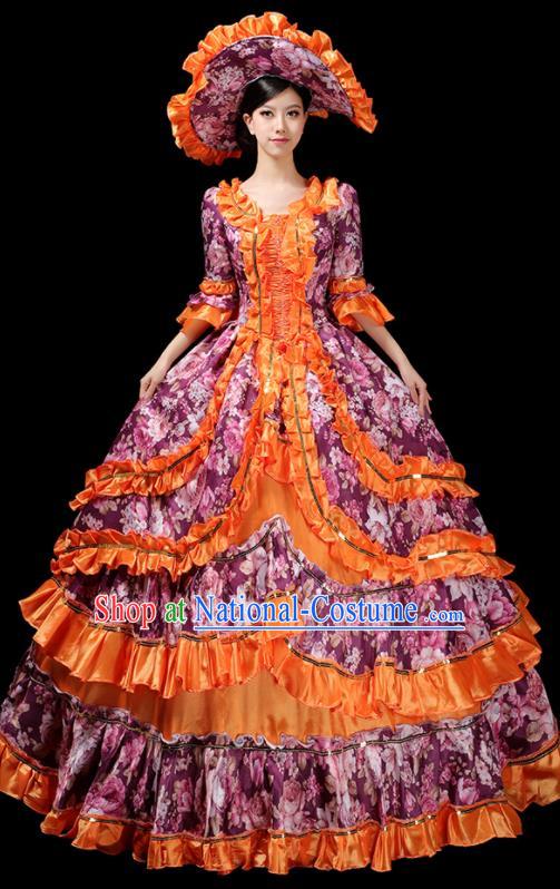 Custom European Vintage Printing Dress Opera Performance Fashion Europe Catwalks Clothing Western Royal Purple Full Dress