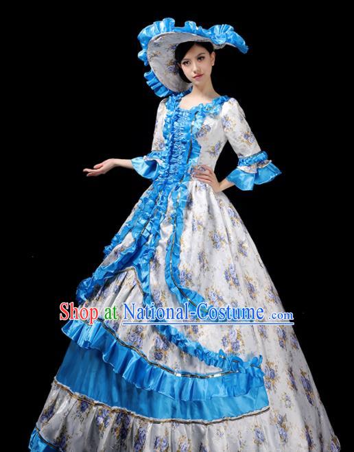 Custom Europe Catwalks Clothing Western Royal Blue Full Dress European Vintage Printing Dress Opera Performance Fashion