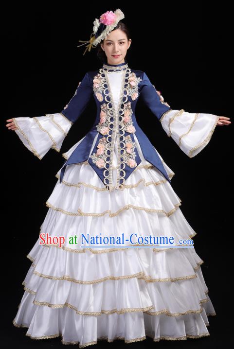 Custom Catwalks Navy Full Dress European Medieval Vintage Dress Western Opera Performance Fashion Europe Court Woman Clothing