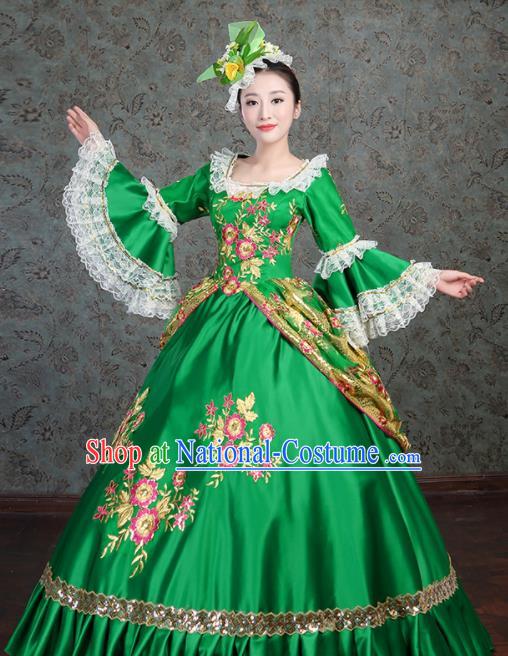 Custom European Medieval Vintage Dress Western Stage Opera Fashion Europe Noble Lady Clothing Catwalks Green Satin Full Dress