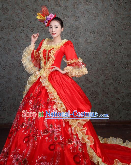 Custom Catwalks Red Satin Trailing Full Dress European Medieval Vintage Dress Western Stage Opera Fashion Europe Noble Lady Clothing