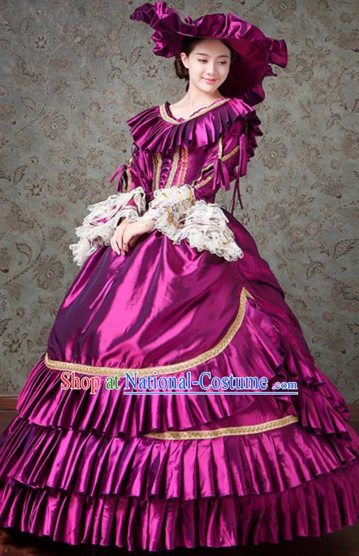 Custom Europe Duchess Clothing Catwalks Purple Satin Full Dress European Medieval Vintage Dress Western Stage Opera Fashion