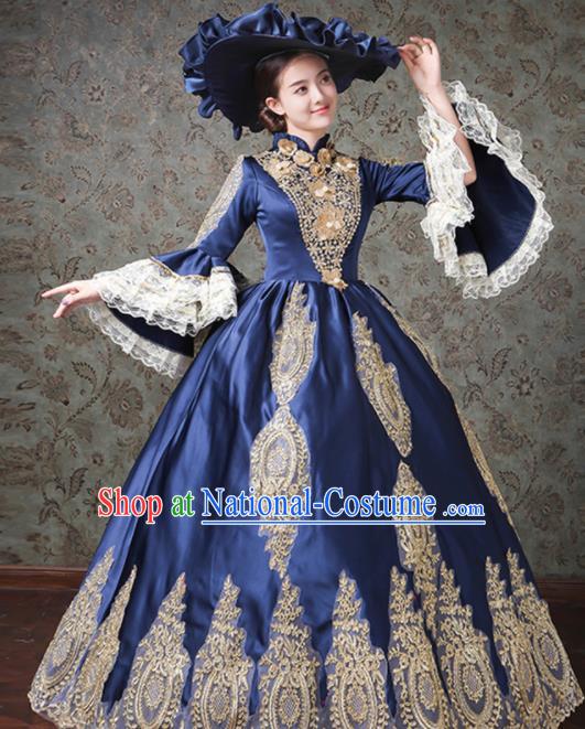 Custom European Court Woman Dress Western Vintage Fashion Europe Duchess Clothing Catwalks Deep Blue Full Dress