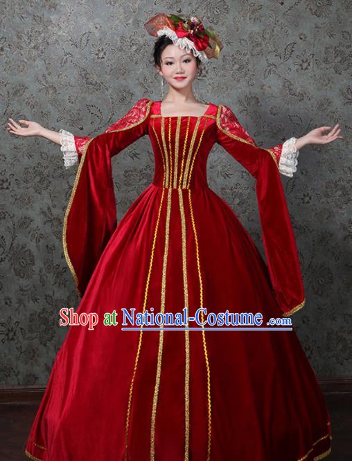 Custom European Queen Red Velvet Dress Western Vintage Fashion Europe Noble Woman Clothing Catwalks Full Dress