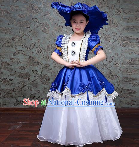 Custom Europe Princess Clothing Girl Royalblue Full Dress Kid Performance Fashion Children Day Catwalks Dress