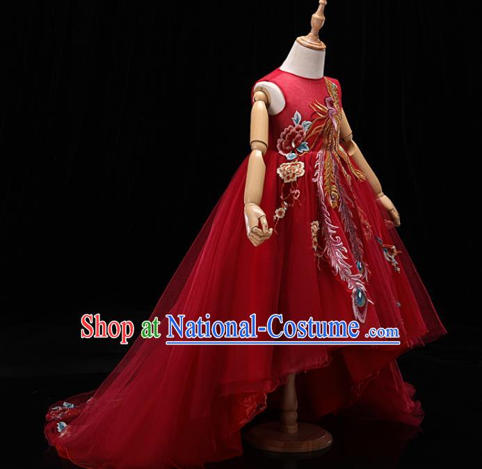 Chinese Style Red Veil Dress Girl Stage Performance Embroidered Phoenix Clothing Children Dance Costume